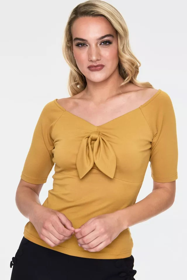 V Neck Retro Style Women Top Anika Mustard Tie Front Pullover Top