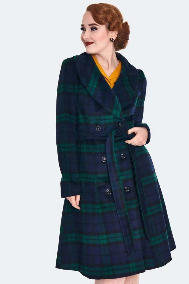 Women Retro Tartan Flare Coat with Fur Collar Vintage Style Fashion