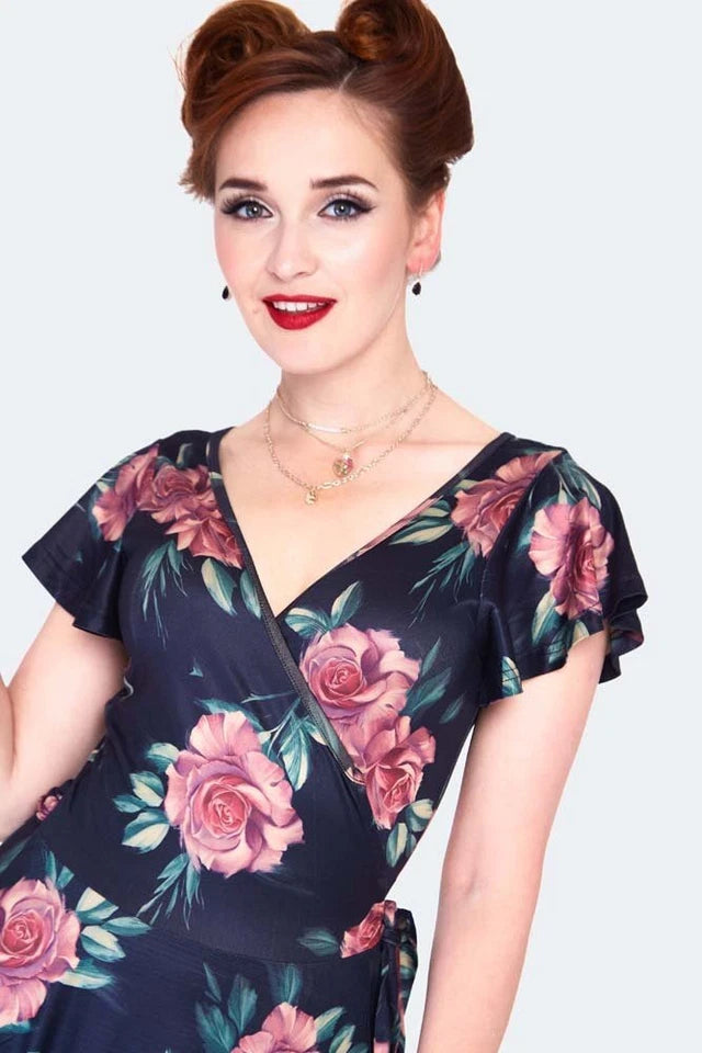 Dark floral flutter sleeve wrap Retro Vintage Style dress