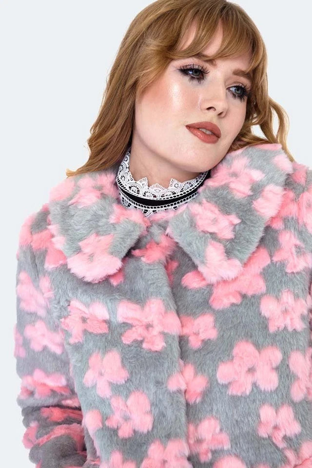 Women Faux Fur Retro Flower Pattern Coat Vintage Fashion