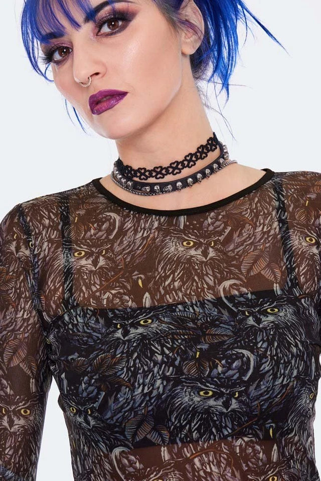 Gothic Night Owl Long Sleeve Mesh Top Punk Alternative Fashion Cropped Top