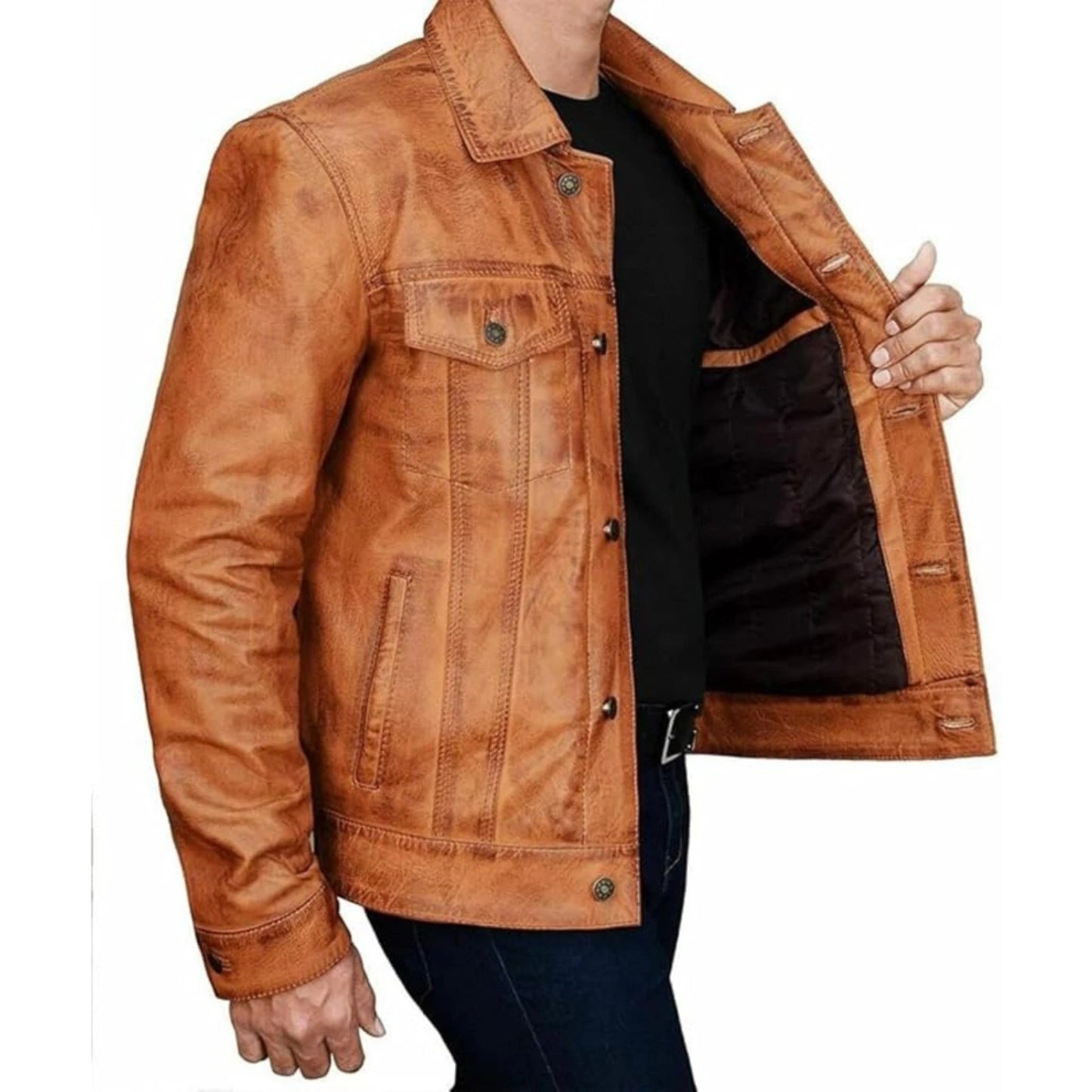 Men's Brown Tan Brown Leather Jacket Vintage Motorcycle Leather Jacket