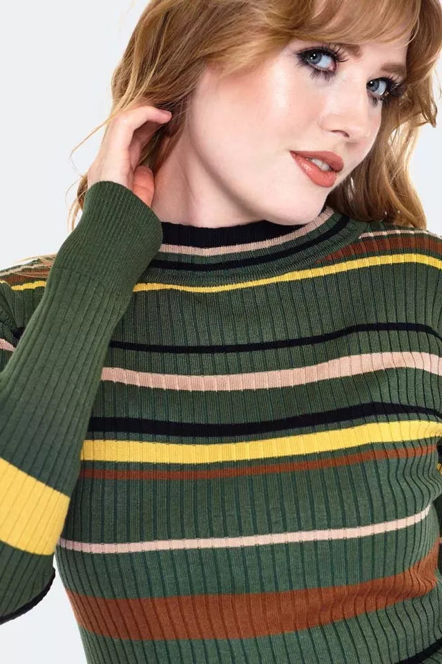 1970s Green Stripe Retro Vintage Style Sweater