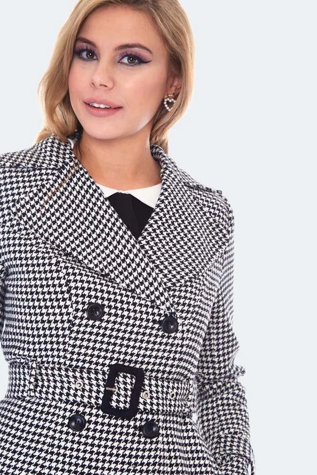 Vintage Inspired Ladies Houndstooth Trench Coat Retro Fashion Style