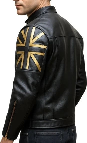 Mens Biker Vintage Motorcycle Black Cafe Racer UK Flag Union Jack Leather Jacket