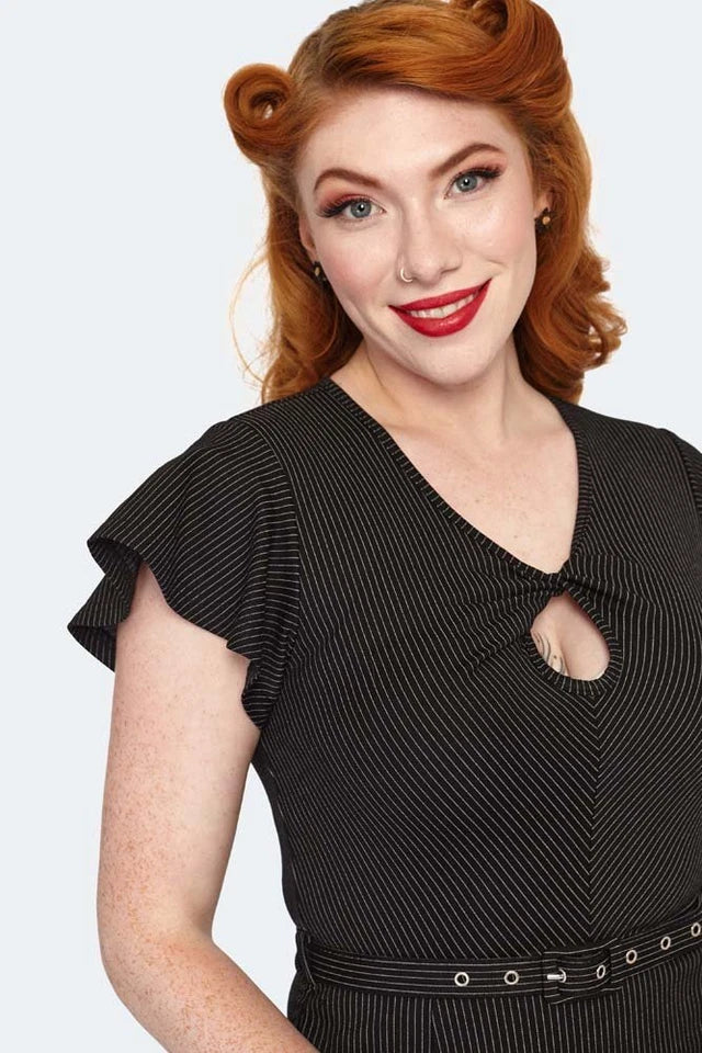 Pinstripe Flutter Sleeve Front Twist Flare Retro Vintage style Dress