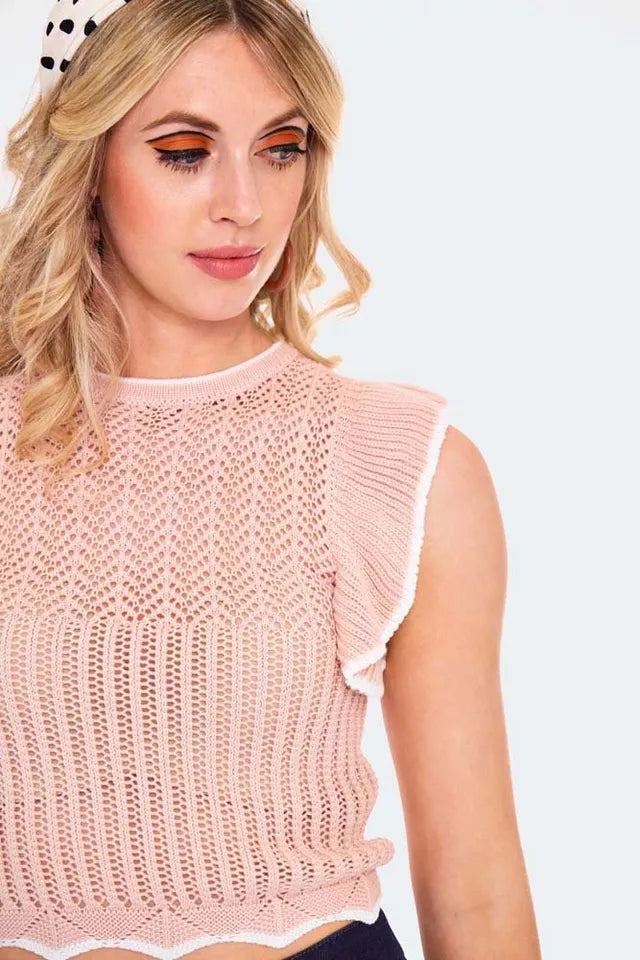 Women Retro Ruffle Round Neck Knitted Vest Vintage Style Fashion