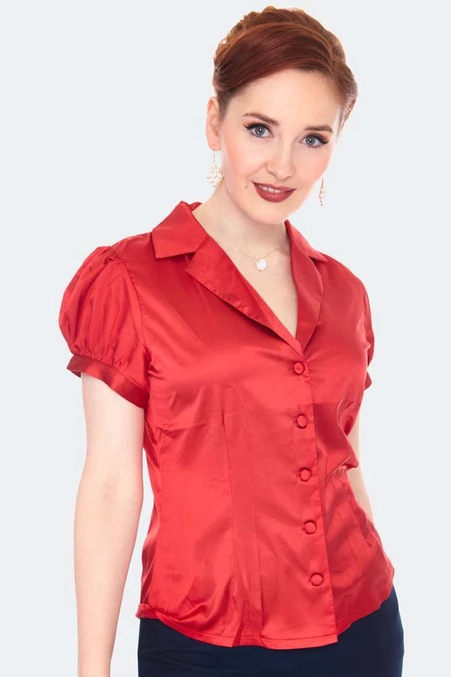 Red Vintage Style Satin Short Sleeve Retro Blouse