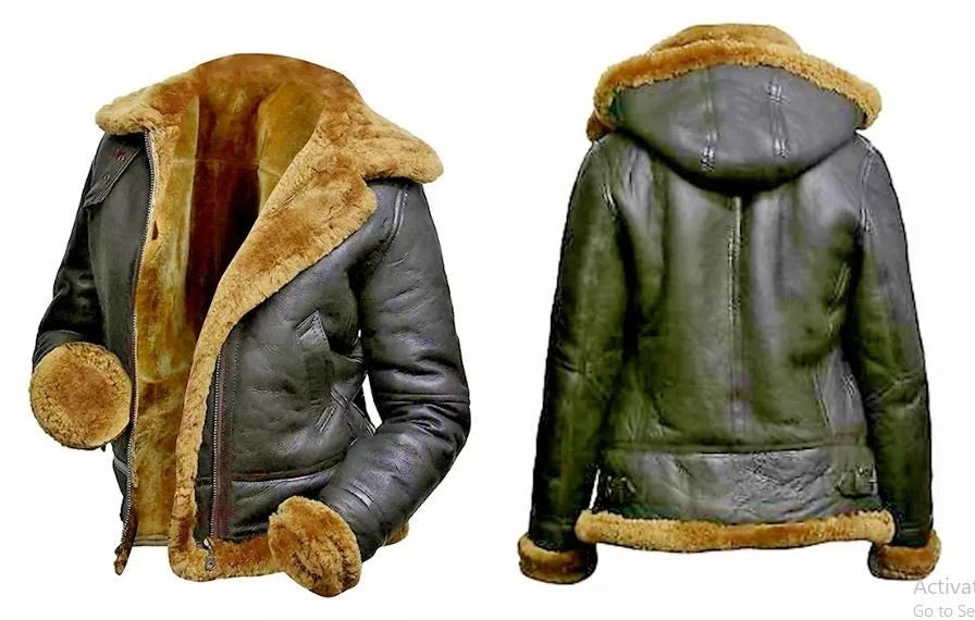 Women's Hoodie RAF Aviator B3 Sheepskin Real Shearling Leather Bomber Jacket