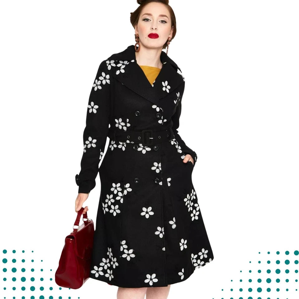 Women Retro Floral Flocked Double Breasted Coat Vintage Style Fashion