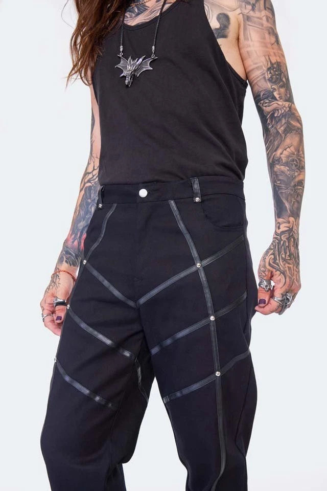 Black Gothic Punk Style Trousers With Leather Trimmed