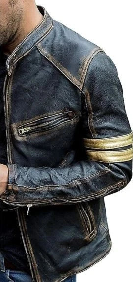 Mens Cafe Racer Golden Stripes Vintage Motorcycle Distress Leather Biker Jacket