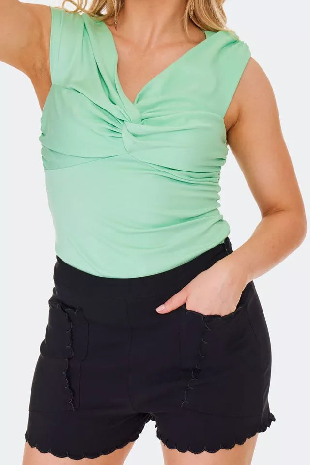 Retro High waisted black shorts with embroidered scallop pocket detail