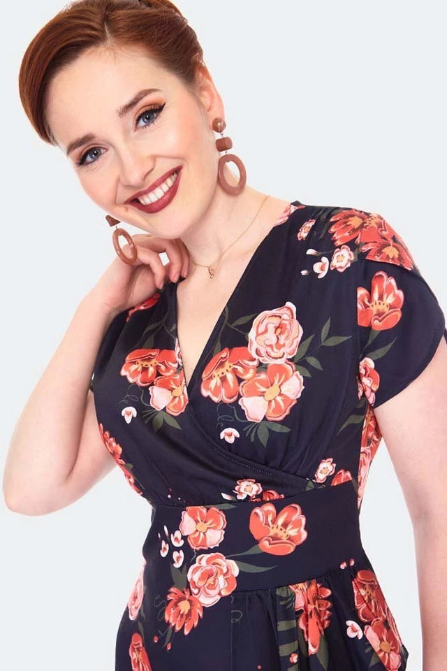 Women Retro Floral RUFFLE FLARE Vintage Style DRESS