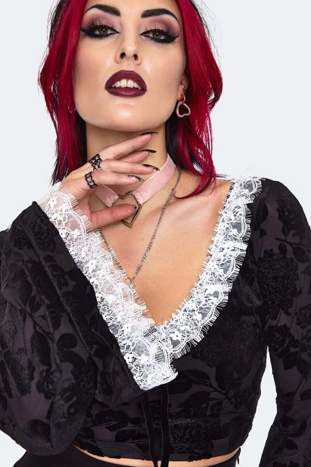 Alternative Style Velvet Devore Gothic Frilled Top