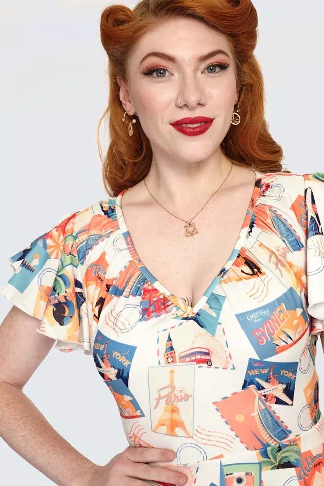 Postcard Print Flutter Collar Retro Vintage Style Playsuit
