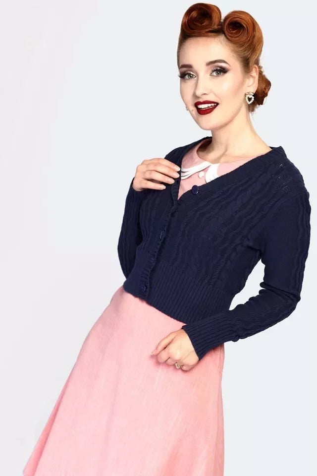 Women Retro Mabel Cropped Cardigan in Navy Vintage Style Cardigan