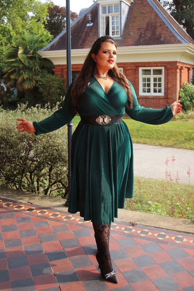 Plisse Wrap Midi Flare Retro Vintage Style Dress
