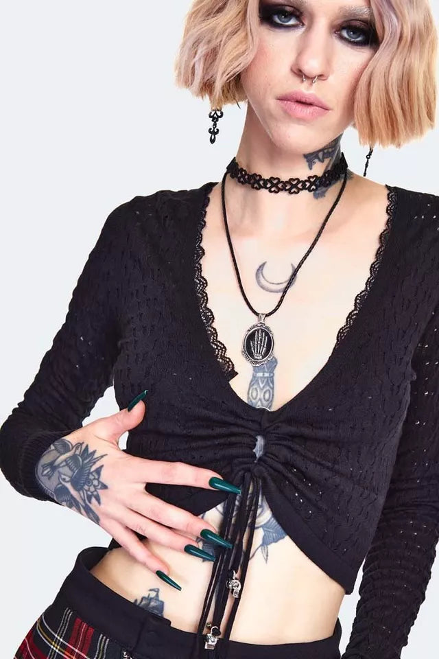 Gothic Lace Knit Drawstring Sweater Alternative Style Fashion
