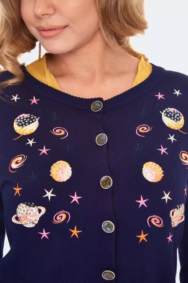 Women Retro Space Chic Embroidered Cardigan Vintage Style Cardigan