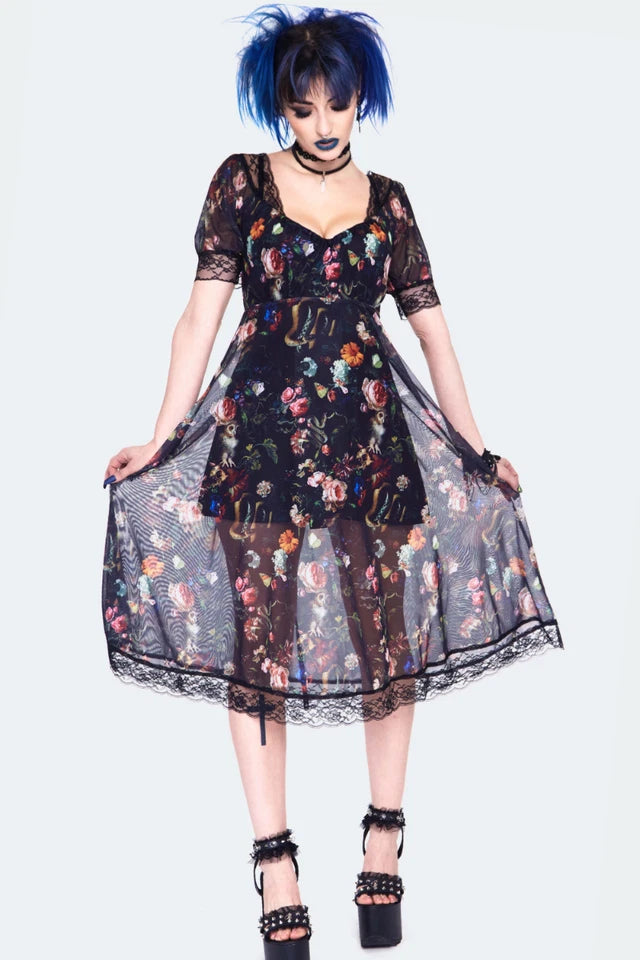 Gothic Night Garden Print Short Sleeve Dress Alternative Style