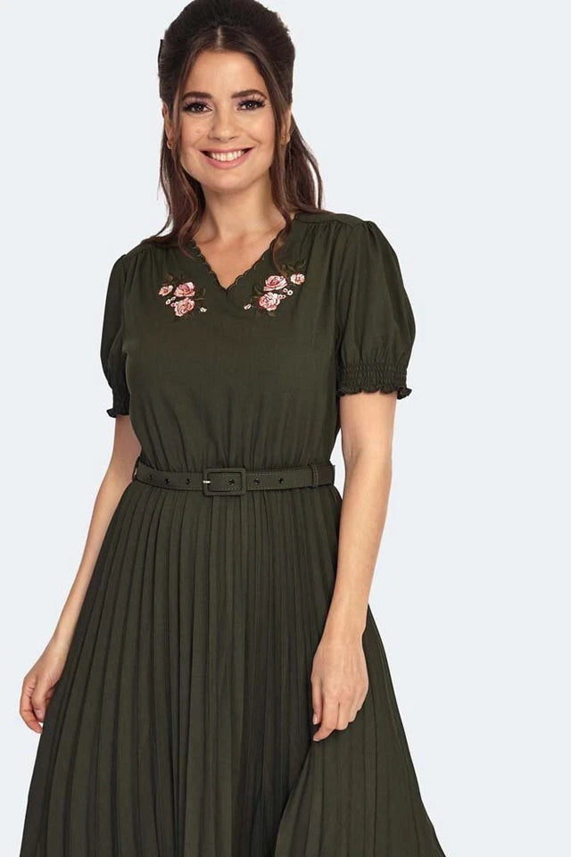 RETRO VINTAGE STYLE FLORAL PLEATED FLARE DRESS