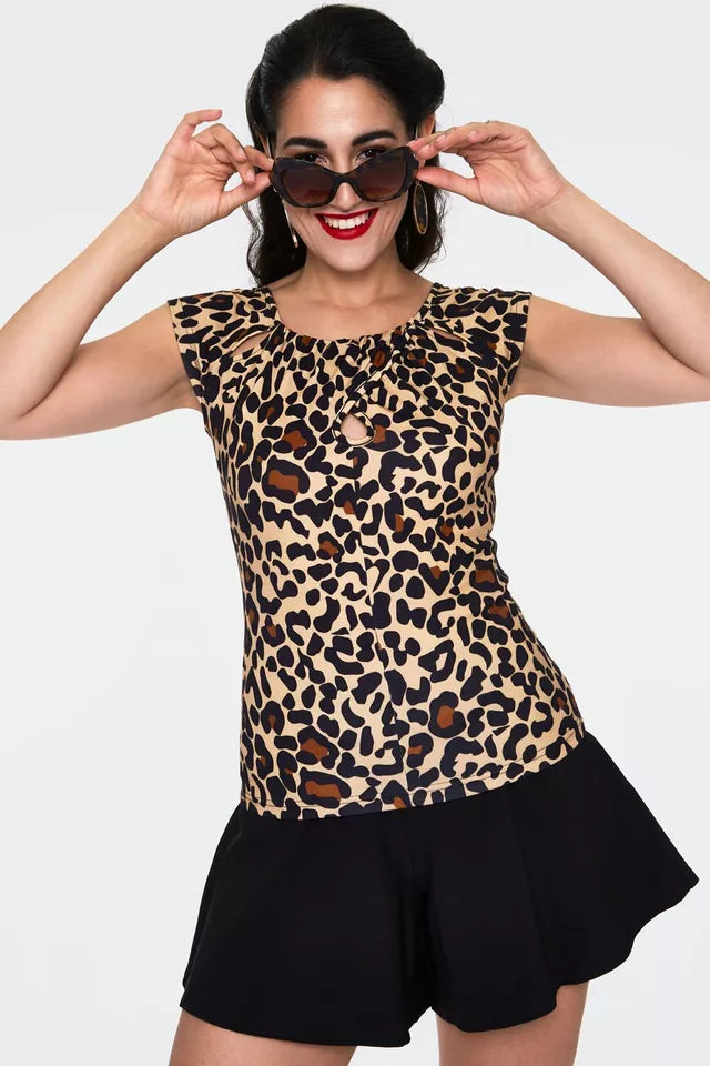 Vintage Style Maddie Leopard Retro Print Keyhole Top
