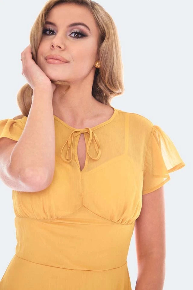 RETRO VINTAGE STYLE YELLOW TIE NECK LACE FLARE DRESS