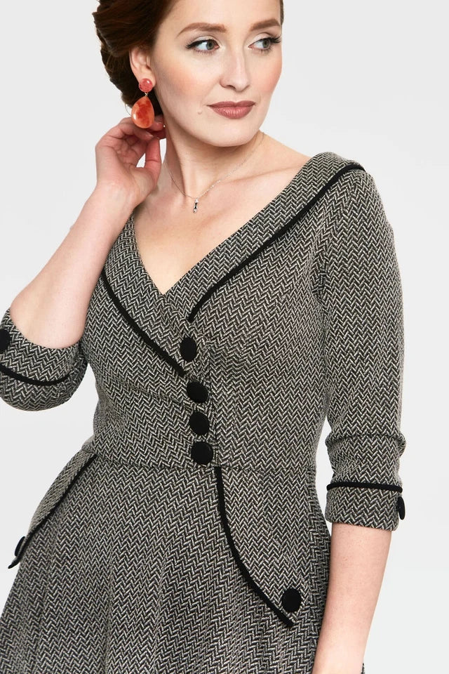 Marica Herringbone Retro Vintage Style Flared Dress