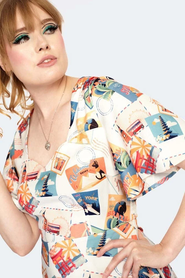 Women Retro Postcard Print Midi Vintage Style Dress