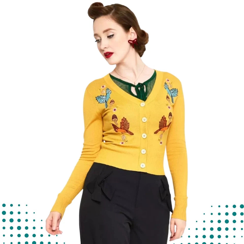 Women Retro YELLOW WOODLAND EMBROIDERED CARDIGAN Vintage Style Cardigan