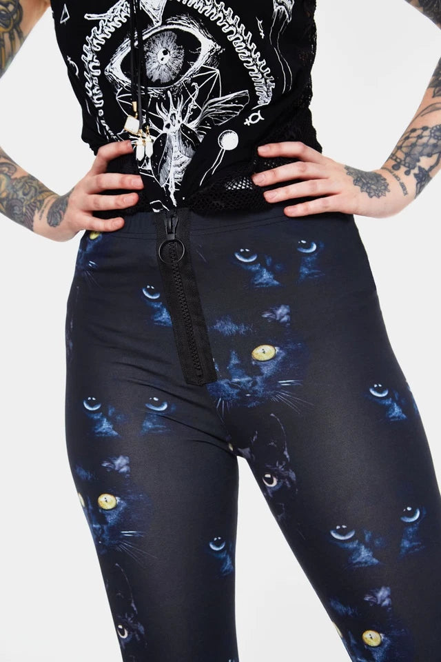 Ladies New Gothic Punk Salem Leggings Alternative Chic Cat Print