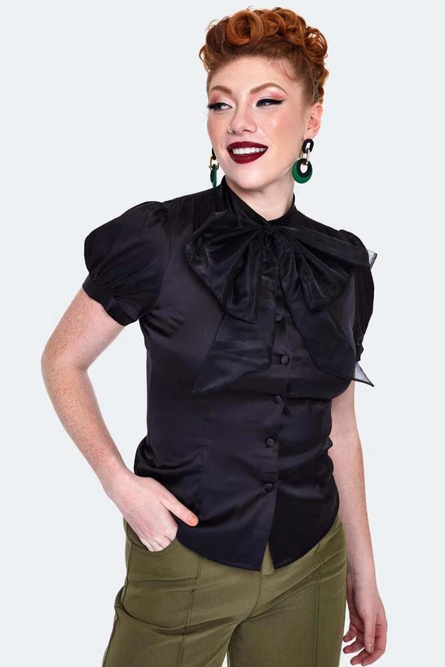Organza Bow Satin Women Retro Vintage Style Blouse