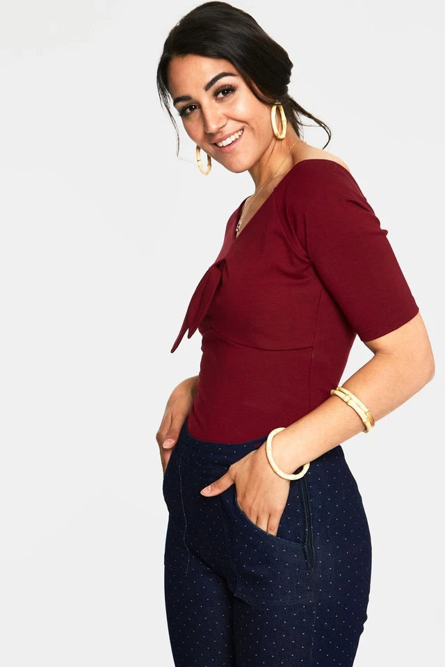 Anika Burgandy Tie Front Pullover Top V Neck Retro Style Women Top