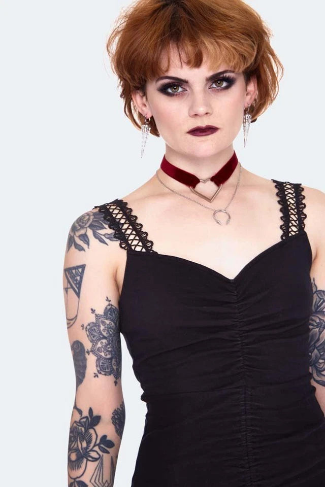 Gothic Long at back rouched dress with lace Alternative Style