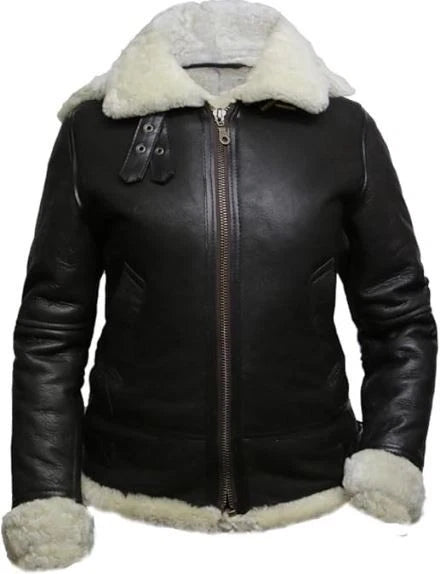 Women's Black Leather Jacket Genuine Sheepskin B3 Raf Aviator Faux Fur Shearling