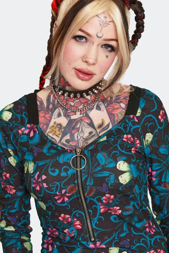 Gothic Venus Flytrap Print Mini Punk Style Dress