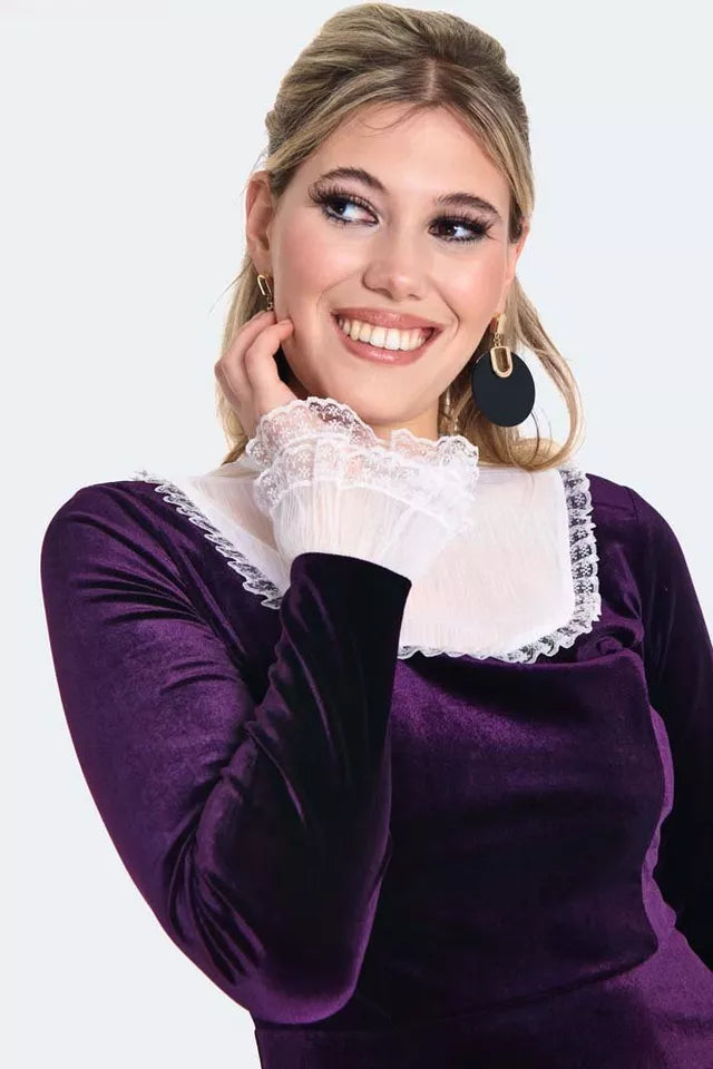 1960s Retro Vintage Style Ruffle Sleeve Velvet Flare Dress