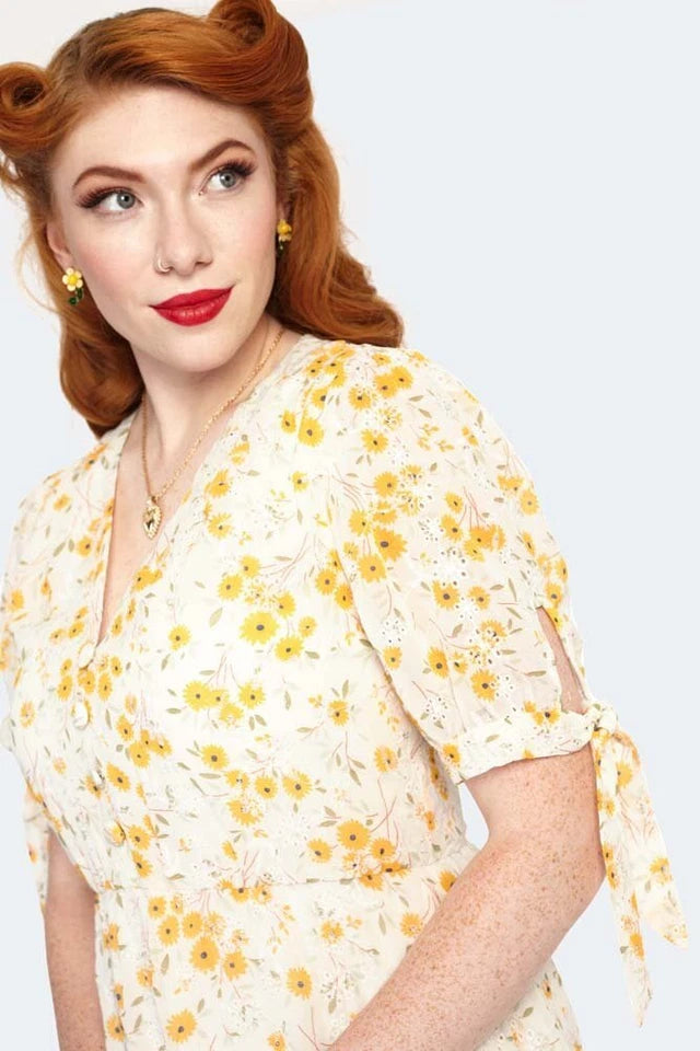 Retro Vintage Style Tie Sleeve Floral Pattern Flare Dress