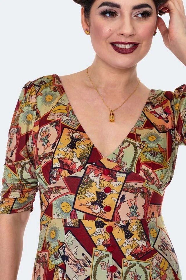 Retro Vintage Style Tarot Print Midi Dress