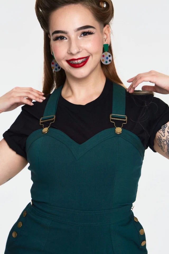 Retro Curve Connie Fitted Capri Overalls Green Vintage Style in Plus Size