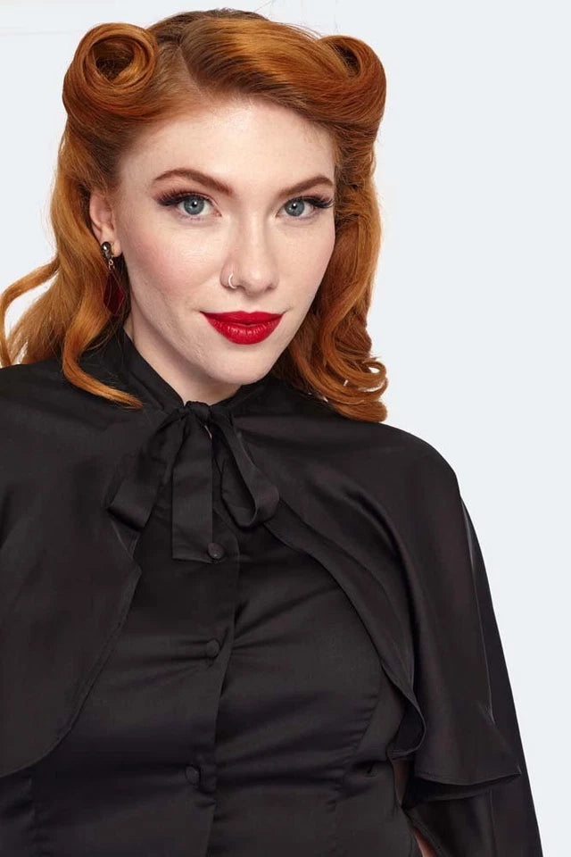 Women Retro Cape Sleeve Tie Neck Vintage Style Blouse