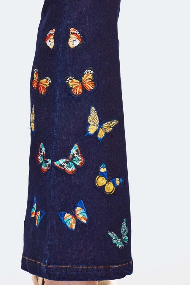 Retro Butterfly Embroidery Vintage Style Denim Trousers