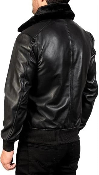 Men's Classic Aviator Style Black Faux Fur Collar Real Leather Bomber Jacket