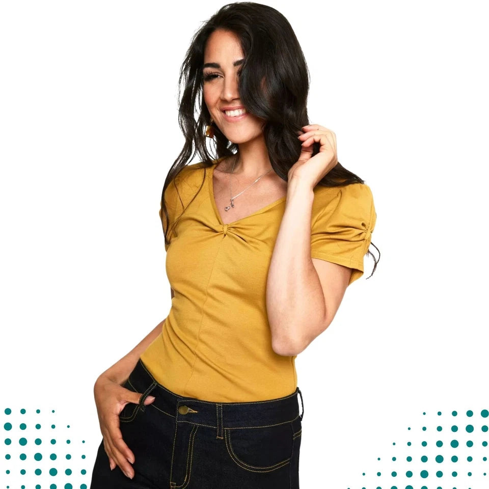 Rhiannon Mustard Retro Bow Vintage Style V-Neck Top
