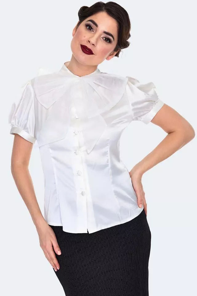 Retro Vintage Style Satin Blouse With Organza Bow