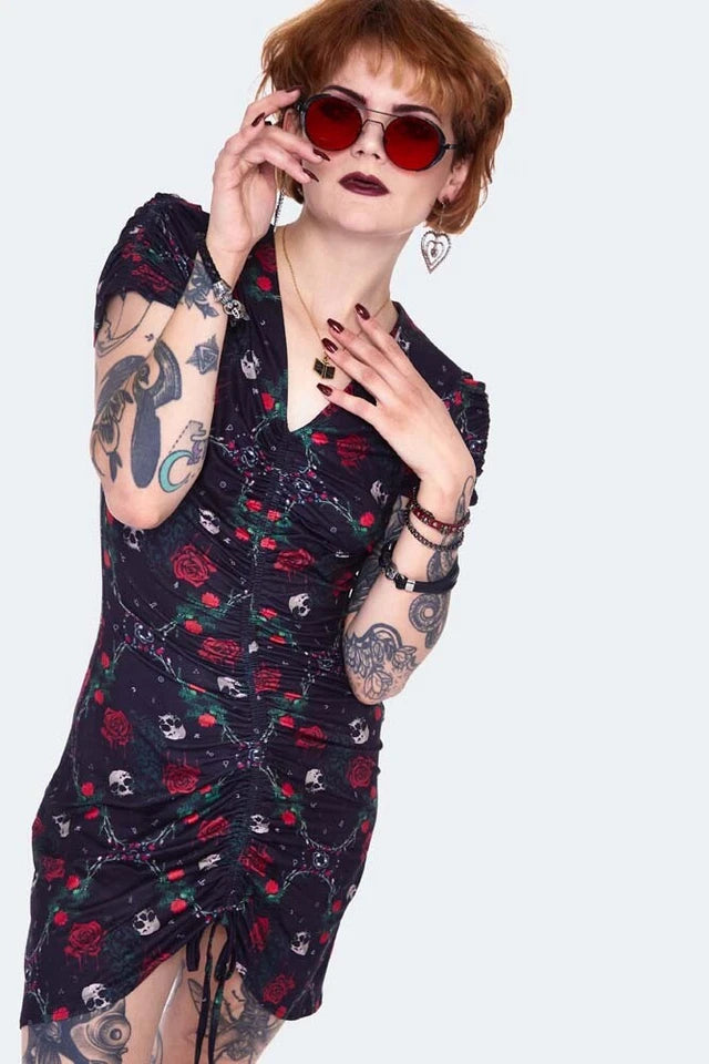 Skull and roses print midi Gothic Alternative Style dress