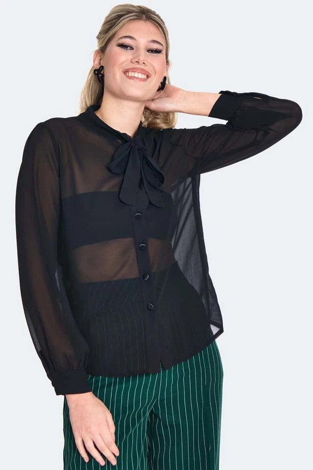 Retro Ladies Womens Tie Up Neck Button Summer Shirt Sheer Tie Neck Blouse Top