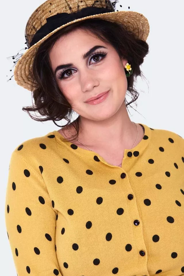 Women Retro YELLOW POLKA DOT CARDIGAN Vintage Style Cardigan