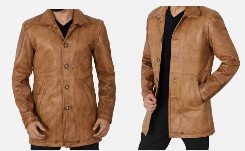 Genuine Leather Mens Camel 3/4 Length Car Winter Coat for Men - Mens Trench Coat